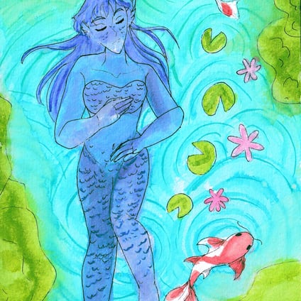 A painting of a naiad with blue hair and scales sleeping in a pond surrounded by lily pads, trees, and koi fish.