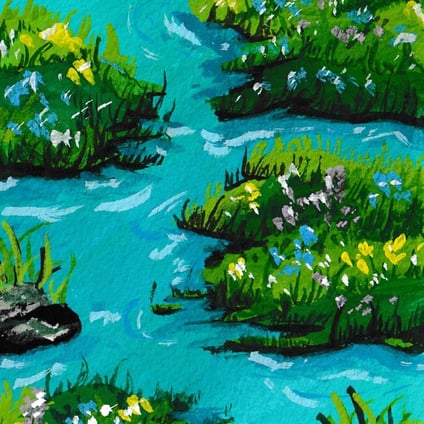 A painting of a pond with blue water, and patches of rocks and green foliage. There are small dots of coloured flowers.