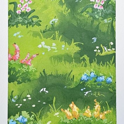 A bright grassland painting, with patches of lighter and darker grass, and a variety of brightly coloured flowers.