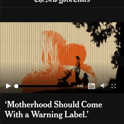 “Motherhood Should Come With a Warning Label”  📹 By Emily Holzknecht & Adam Westbrook – The New York Times  What’s the real cost of motherhood? In this insightful video, New York Times readers share their personal experiences — the joys, the challenges, and the unspoken truths.  Well worth listening to.   #MakeMothersMatter #Motherhood #MotherRights #Parenting #MaternalHealth #MothersVoices #motherhoodpenalty