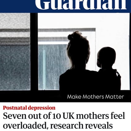 Guardian article highlighting Make Mothers Matter’s State of Motherhood Survey, reporting that seven out of 10 UK mothers feel overloaded and nearly half face anxiety or depression, illustrated by a mother holding a baby in silhouette.