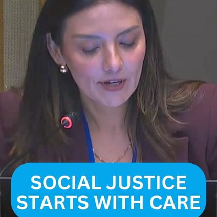 Video clip of Farah Arabe speaking at the UN Commission for Social Development about the need for systemic investment in care, highlighting caregiving as a public good and calling for stronger support systems for mothers and gender equality.