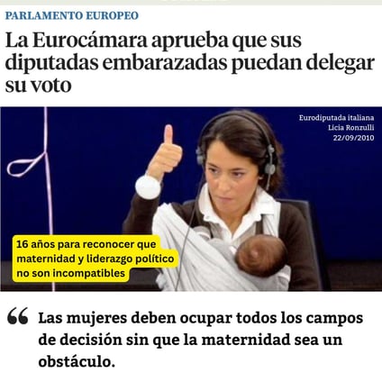 Una eurodiputada italiana, Licia Ronzulli, interviene en el Parlamento Europeo mientras lleva a su bebé en un portabebés. La imagen incluye el texto: “16 años para reconocer que maternidad y liderazgo político no son incompatibles”. La publicación destaca la decisión del Parlamento Europeo de permitir que las eurodiputadas embarazadas y las nuevas madres puedan delegar su voto durante la baja por maternidad.