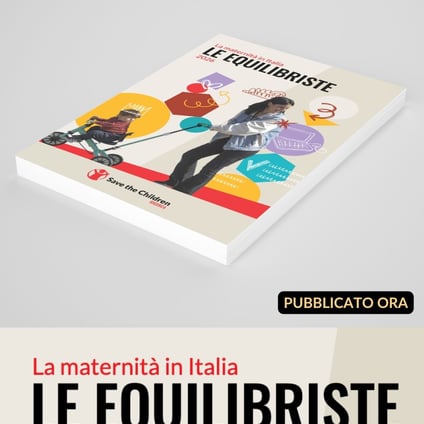graphic for Save the Children Italy’s Le Equilibriste 2026 report on motherhood in Italy, featuring the statistic that 69% of mothers aged 18–24 report mental health struggles, compared with 50% of mothers overall in Europe, based on Make Mothers Matter research. Themes: maternal mental health, young mothers, burnout, postpartum depression, and family support policies.