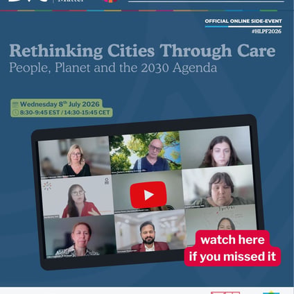 Promotional graphic for the recording of Make Mothers Matter’s official online side event at the 2026 High-Level Political Forum on Sustainable Development, titled “Rethinking Cities Through Care: People, Planet and the 2030 Agenda.” The graphic features a tilted screen showing a grid of webinar speakers and a red play button, with the text “watch here if you missed it.” Event partner logos appear along the bottom, including the Global Alliance for Care, Protopia, Wellbeing Economy Alliance, MINE and Van Leer Foundation.