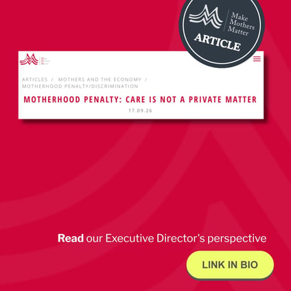 Mother holding her baby, with text highlighting the 40% motherhood income penalty in France and a new report from France’s High Council for Equality (HCE) on the motherhood penalty.