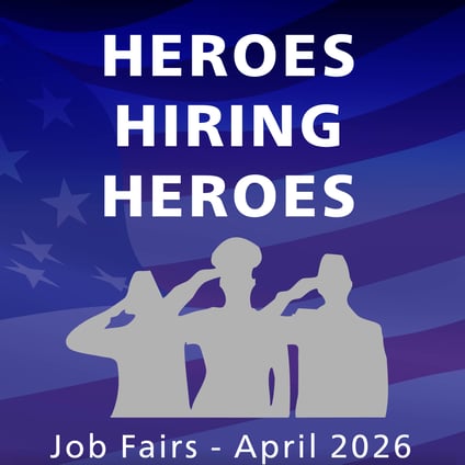 military silhouette saluting over an American flag image with text Heroes Hiring Heroes Job Fairs April 2026