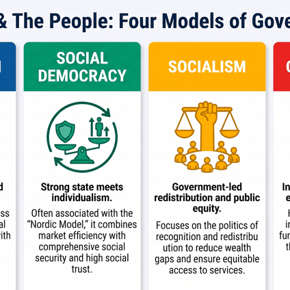Infographic displaying four governance models: democracy, authoritarianism, totalitarianism, and oligarchy, with concise explanations.