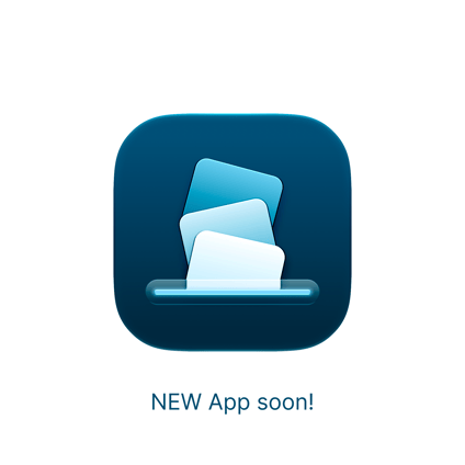 App icon, blue dark gradient background. The icon shows cards or tiles falling into a glowing line.